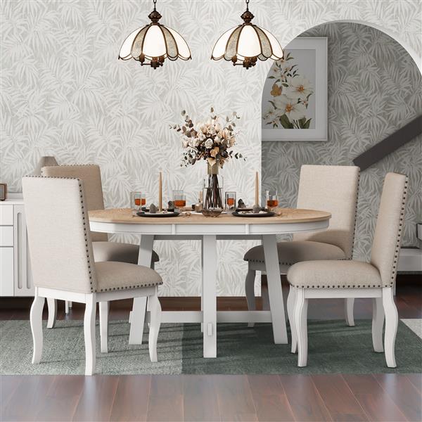 5-Piece Farmhouse Dining Table Set Wood Round Extendable Dining Table and 4 Upholstered Dining Chairs (Oak Natural Wood + Antique White)