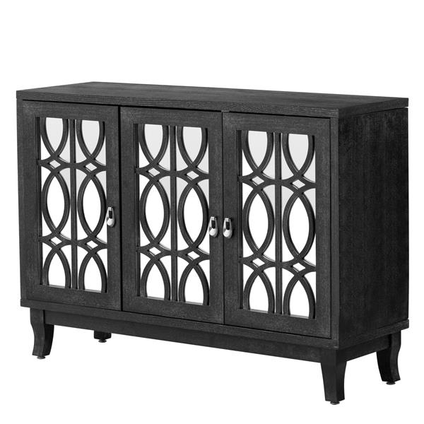 Sideboard with Glass Doors, 3 Door Mirrored Buffet Cabinet with Silver Handle for Living Room, Hallway, Dining Room (Black)