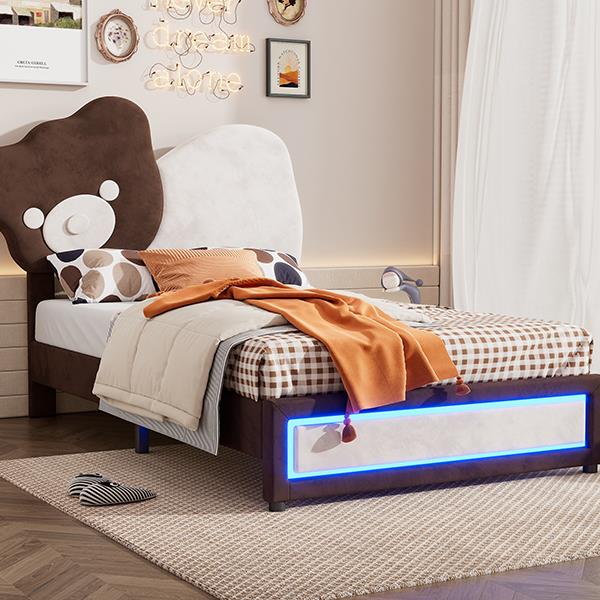 Twin Size Upholstered Platform Bed with Bear Shaped Headboard, LED Light Strips, White + Brown