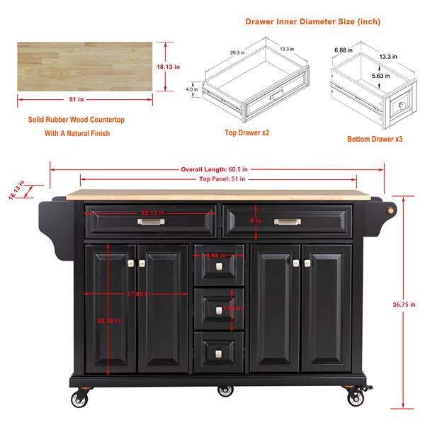 Kitchen Island with Rubber wood Countertop, Kitchen Cart on 5 Wheels with Storage Cabinet and 5 Drawers for Dinning Room, Black