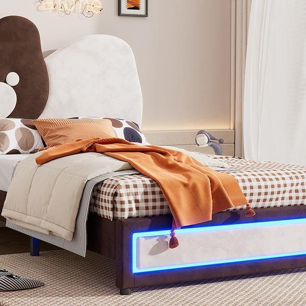 Twin Size Upholstered Platform Bed with Bear Shaped Headboard, LED Light Strips, White + Brown