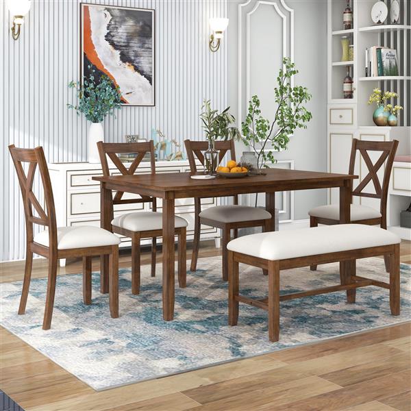 6-Piece Kitchen Dining Table Set Wooden Rectangular Dining Table, 4 Fabric Chairs and Bench Family Furniture (Natural Cherry)