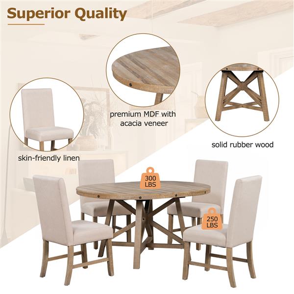 5-Piece Retro Functional Dining Set with Extendable Round Table with Removable Middle Leaf and 4 Upholstered Chairs for Dining Room and Living Room (Natural Wood Wash)