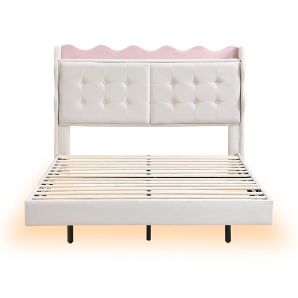 Full Size Upholstery Platform Bed Frame with LED Light Strips,Headboard Storage Space and Two USB Charging Deisgn,Beige