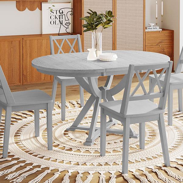 Mid-Century 5-Piece Extendable Round Dining Table Set with 15.7" Removable Leaf and 4 Cross Back Dining Chairs, Grey