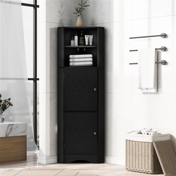 Tall Bathroom Corner Cabinet,  Storage Cabinet with Doors and Adjustable Shelves, MDF Board, Black