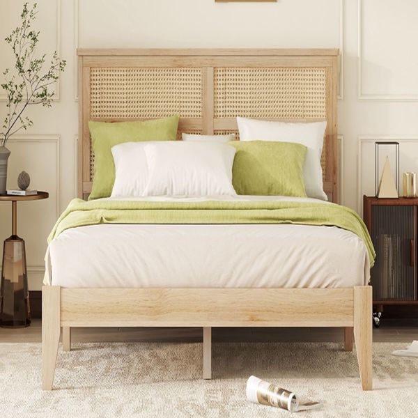 Queen Size Rubber Wooden, Solid Wooden Bed with Rattan Headboard, Enhanced by Support Feet 