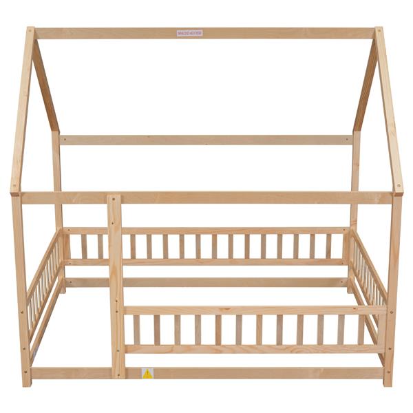 Full Size Floor Wooden Bed with House Roof Frame, Fence Guardrails ,Natural