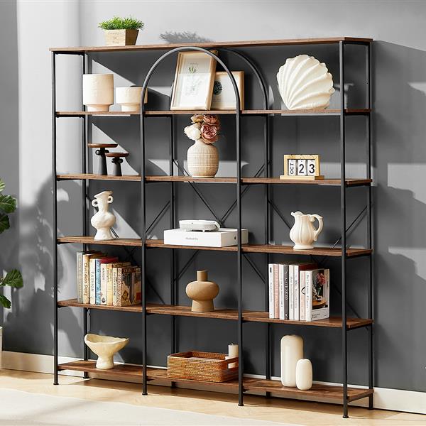 6 Tier Bookcase Home Office Open Bookshelf, Vintage Industrial Style Shelf with Metal Frame, MDF Board, Brown