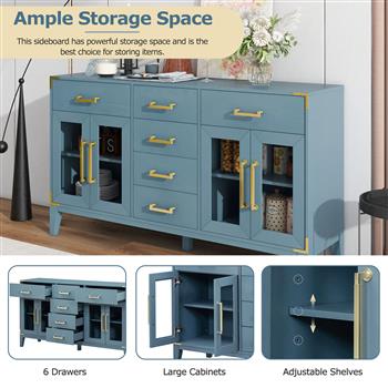 6-drawer and 2-Cabinet Retro Sideboard with Extra Large Storage Space, with ld Handles and Solid Wood Legs, for Kitchen and Living Room (Antique Blue)