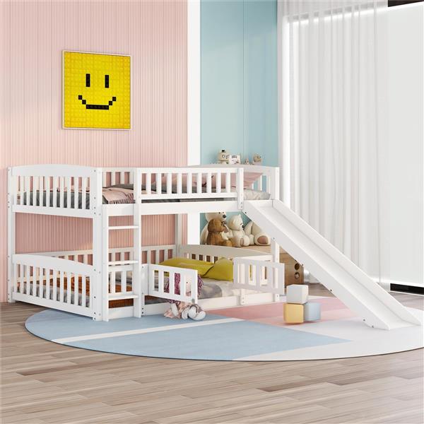 Bunk Bed with Slide,Full Over Full Low Bunk Bed with Fence and Ladder for Toddler Kids Teens White