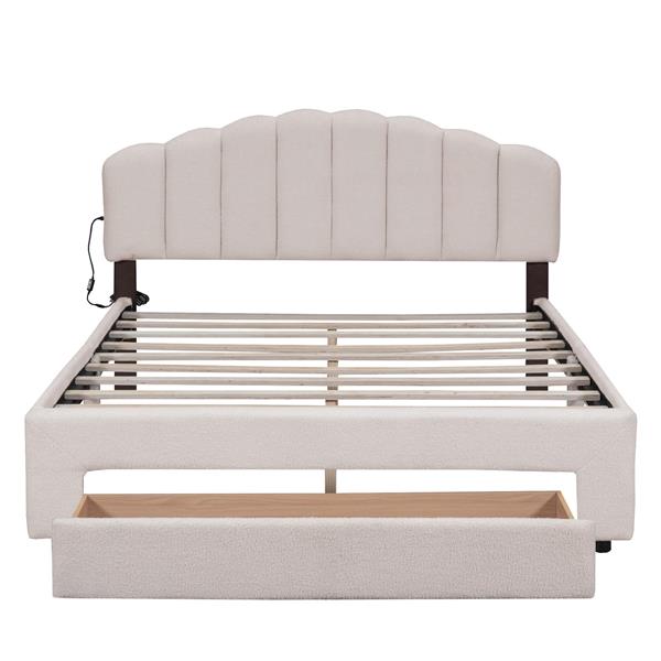 Teddy Fleece Queen Size Upholstered Platform Bed with Drawer, Beige