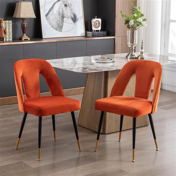 Furniture, Collection Modern | Contemporary Velvet Upholstered Dining Chair with Nailheads and ld Tipped Black Metal Legs, Orange，Set of 2