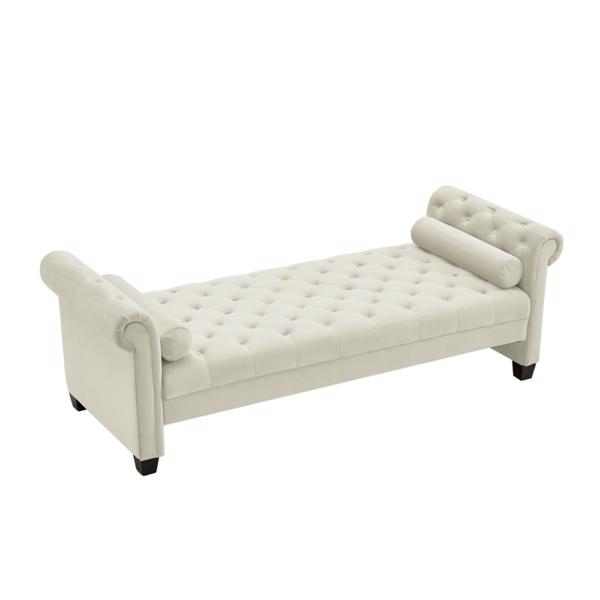 Ivory, Solid Wood Legs Velvet Rectangular Sofa Bench with Attached Cylindrical Pillows