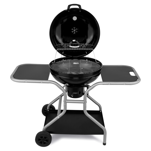 Kettle Charcoal Grill with 2 Side Tables, Storage Shelf, Upgraded Ash Catcher, Thermometer, Air Vents, Outdoor Cooking Barbecue Grill with Wheels