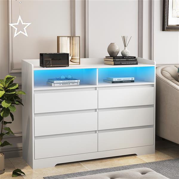 6 Drawer Dresser, White Dresser for Bedroom with LED Lights, Modern Dressers & Chests of Drawers with Sturdy Frame for Living Room, Entryway, Hallway