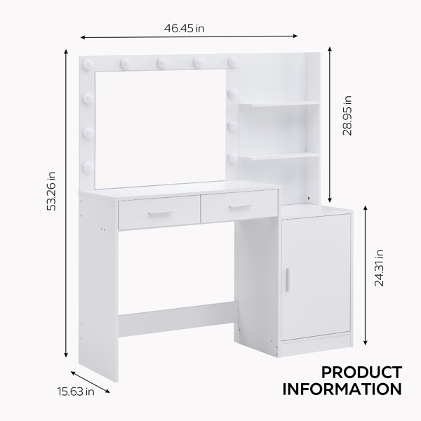 Vanity Desk with Mirror and Lights, 46.4IN Dressing Table with 2 Large Drawer&Large Vertical Organizer, 3 Level Dresser & 3 Lighting Modes Adjustable Brightness, Suitable for Bedroom(White) 