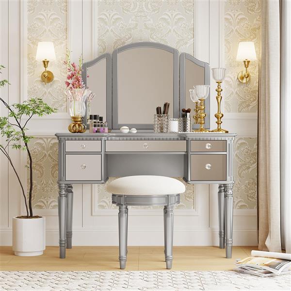 43" Dressing Table Set with Mirrored Drawers and Stool, Tri-fold Mirror, Makeup Vanity Set for Bedroom, Silver