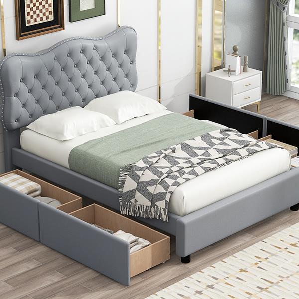 Full Size PU Leather Upholstered Platform Bed with 4 Drawers, Gray