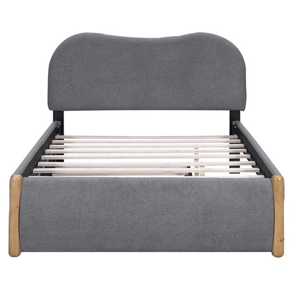 Full Size Upholstered Platform Bed with Wood Supporting Feet and Twin Size Trundle, Gray