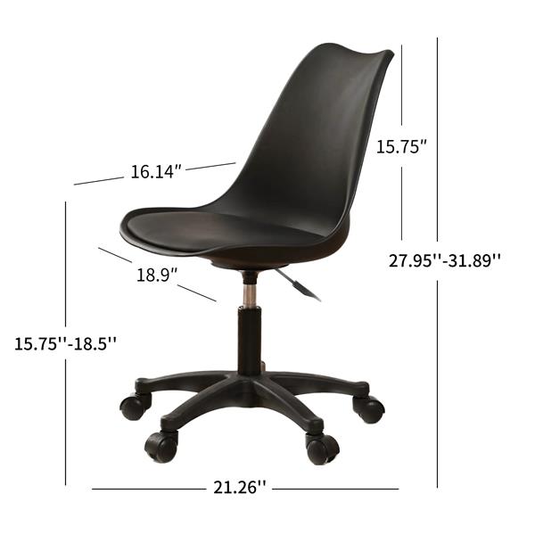 Black PP with Wheels Adjustable Height Office Chair for Study,Modern Armless Swivel Plastic Chair for Living Room