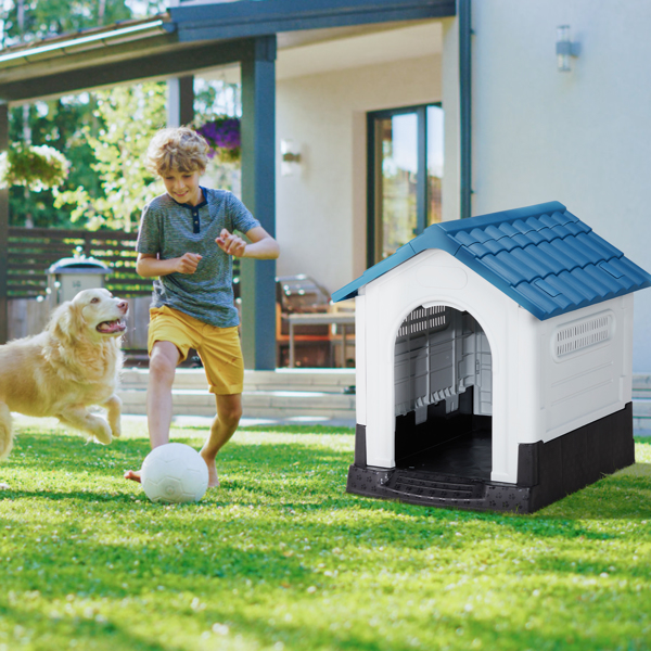 33 inch Large Plastic Dog House, Indoor Outdoor Doghouse Pet House with Air Vents and Elevated Floor, Insulated Water Resistant Puppy Shelter Kennel, Blue & White