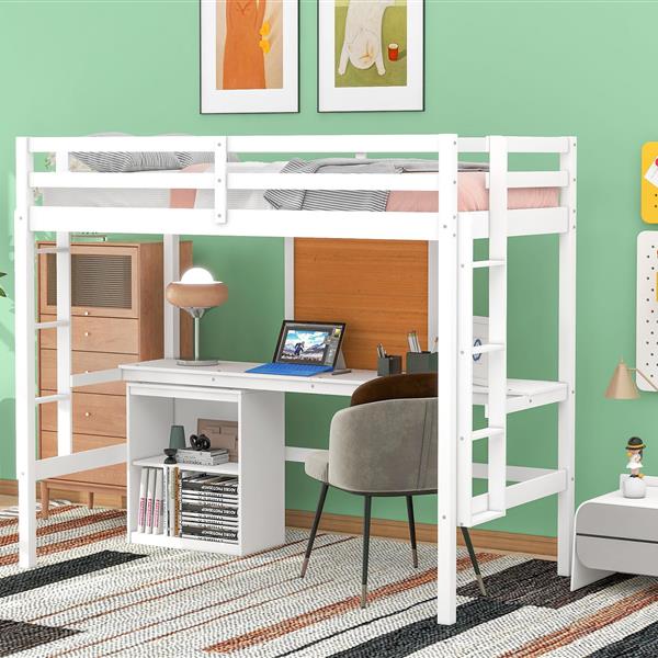 Twin size Loft Bed with Desk and Writing Board, Wooden Loft Bed with Desk & 2 Drawers Cabinet- White