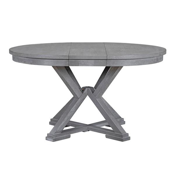 5-Piece Retro Functional Dining Table Set Extendable Round Table and 4 Upholstered Chairs for Dining Room and Living Room (Grey)