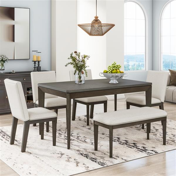 6-Piece Dining Table Set with Upholstered Dining Chairs and Bench,Farmhouse Style, Tapered Legs, Dark Gray+Beige