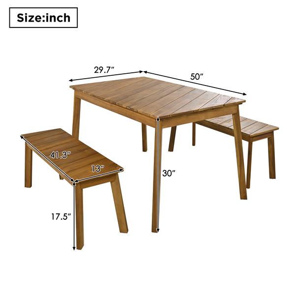 3 Pieces Acacia Wood Table Bench Dining Set For Outdoor & Indoor Furniture With 2 Benches, Picnic Beer Table for Patio, Porch, Garden, Poolside, Natural