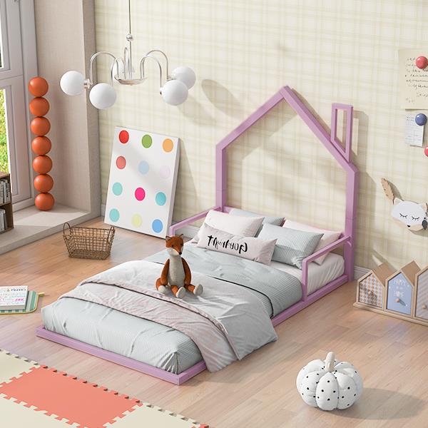 Twin Size Metal Floor Bed with House-shaped Headboard, Pink