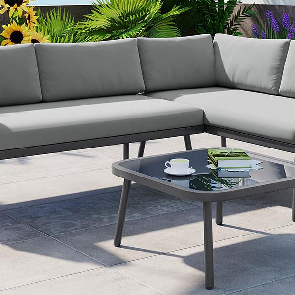 Modern Outdoor 3-Piece PE Rattan Sofa Set All Weather Patio Metal Sectional Furniture Set with Cushions and Glass Table for Backyard, Poolside, Garden, Gray,L-Shaped