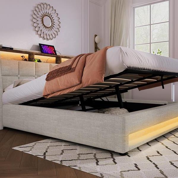 Queen size Upholstered Platform bed with a Hydraulic Storage System, LED and USB Charging, Natural (without mattress)