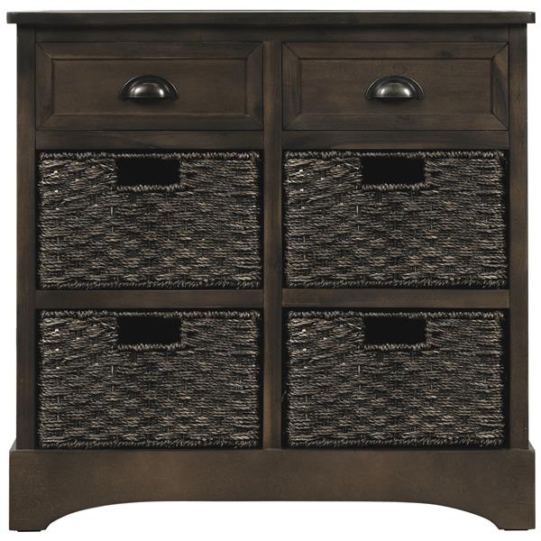 Rustic Storage Cabinet with Two Drawers and Four  Classic Rattan Basket for Dining Room/Living Room (Brown Gray)