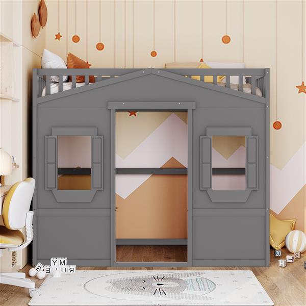 Twin Size House Loft Bed With Ladder-Gray