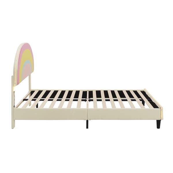 Full Size Upholstered Platform Bed with Rainbow Shaped and Height-adjustbale Headboard,LED Light Strips,Beige