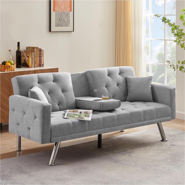 Grey Linen Convertible Sofa and Bed, Square Arm Armrests, Can Hold Water Cup, Two Pillow