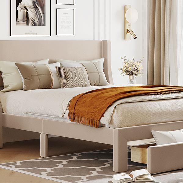 Queen Size Storage Bed Velvet Upholstered Platform Bed with a Big Drawer - Beige