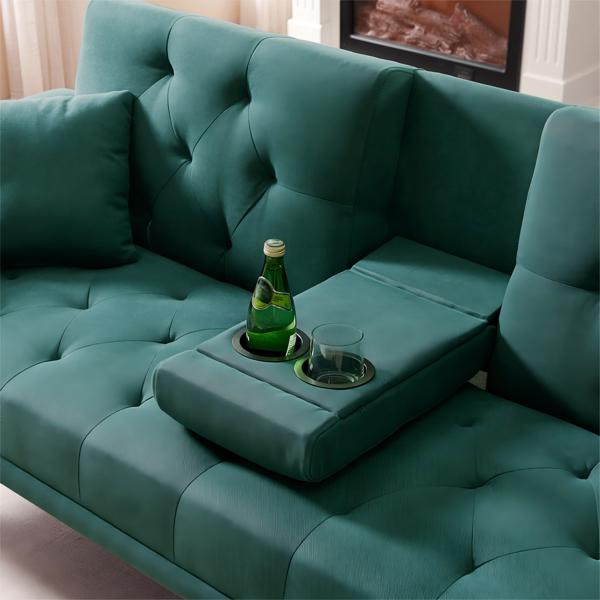 Dark Green Linen Convertible Sofa and Bed, Square Arm Armrests, Can Hold Water Cup, Two Pillow