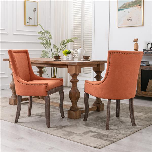 Furniture,Ultra Side Dining Chair，Thickened fabric chairs with neutrally toned solid wood legs， Bronze nail head，Set of 2，Orange