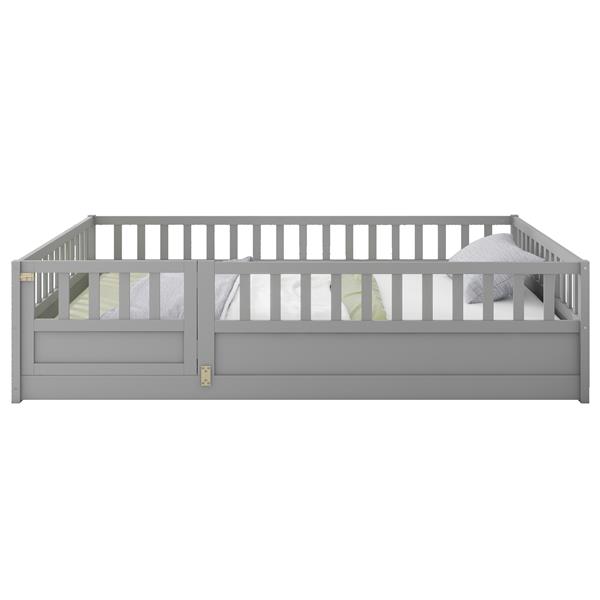 Full size  Floor bed, integral construction with super high security barrier, door, children's floor bed frame, Montessori wooden children's floor bed,  Grey