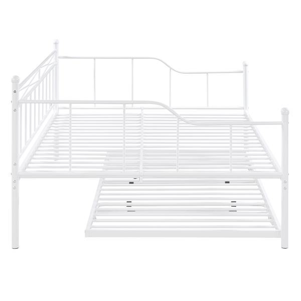 Full Size Metal Daybed with Twin Size Adjustable Trundle, Portable Folding Trundle, White