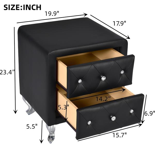 Elegant PU Nightstand with 2 Drawers and Crystal Handle,Fully Assembled Except Legs&Handles,Storage Bedside Table with Metal Legs - Black