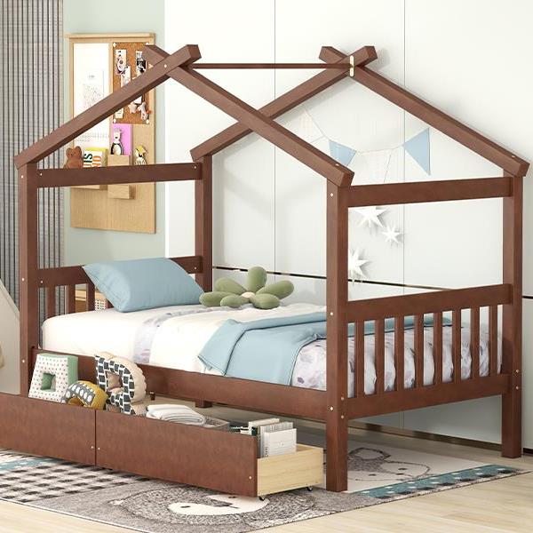 Twin Size Wooden House Bed with Drawers, Walnut