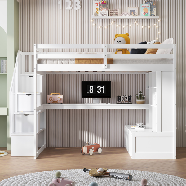 Full Size Loft Bed with Desk and Shelves, Two Built-in Drawers, Storage Staircase, White 