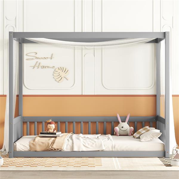 Twin Size Canopy Frame Floor Bed with Fence, Guardrails,Grey