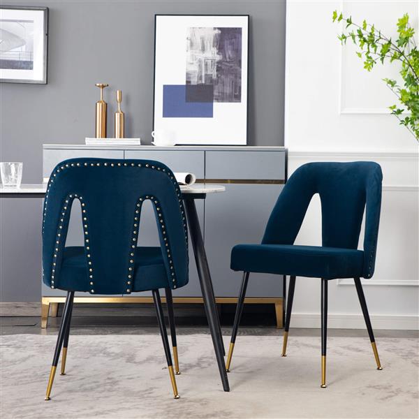 Furniture, Collection Modern | Contemporary Velvet Upholstered Dining Chair with Nailheads and ld Tipped Black Metal Legs,Blue,Set of 2