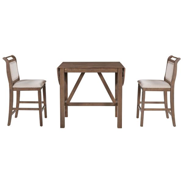 3-Piece Wood Counter Height Drop Leaf  Dining Table Set with 2 Upholstered Dining Chairs for Small Place, Brown