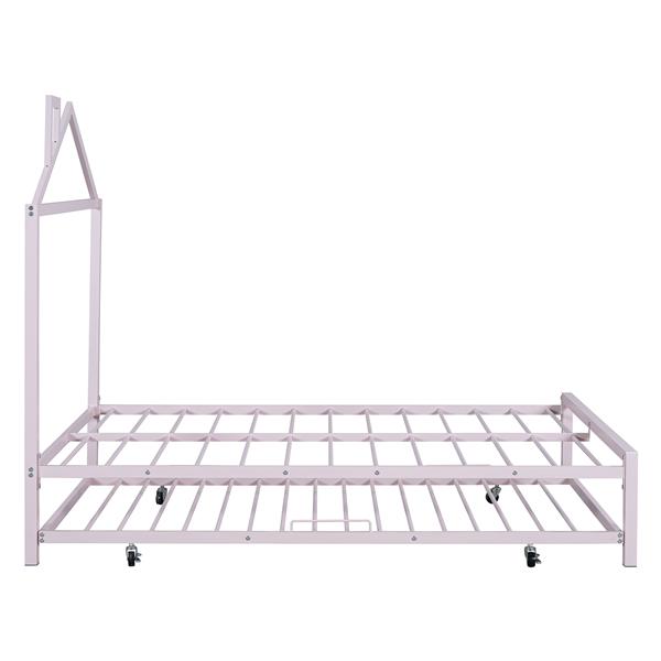 Full Size Metal Platform Bed with twin size trundle,House-Shaped Headboard Design, Pink