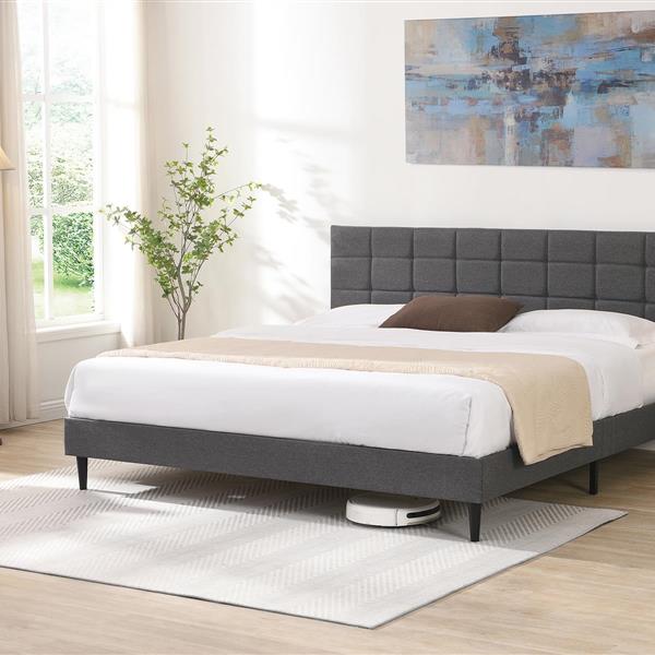 King Size Platform Bed Frame with Fabric Upholstered Headboard and Wooden Slats, No Box Spring Needed/Easy Assembly, Dark Grey